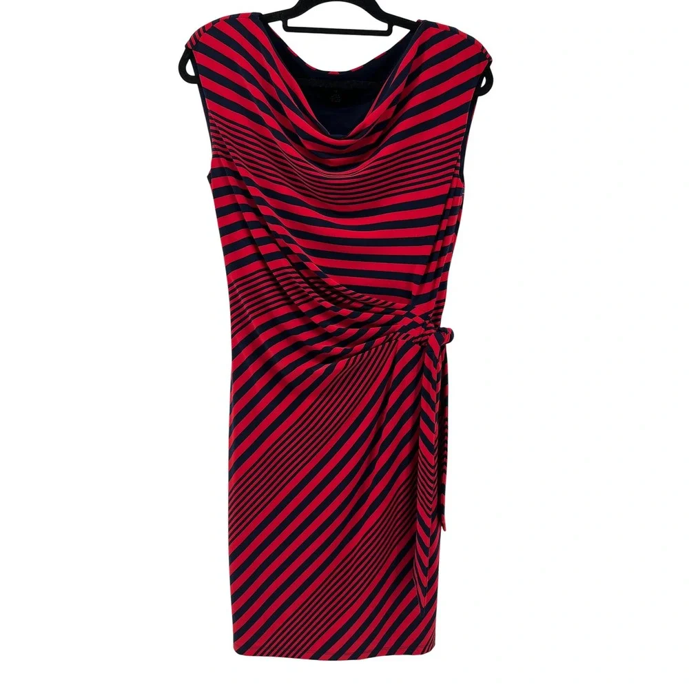 Lauren Ralph Lauren Red Navy Striped Cowl Neck Side Tie Sheath Dress 12 Slimming